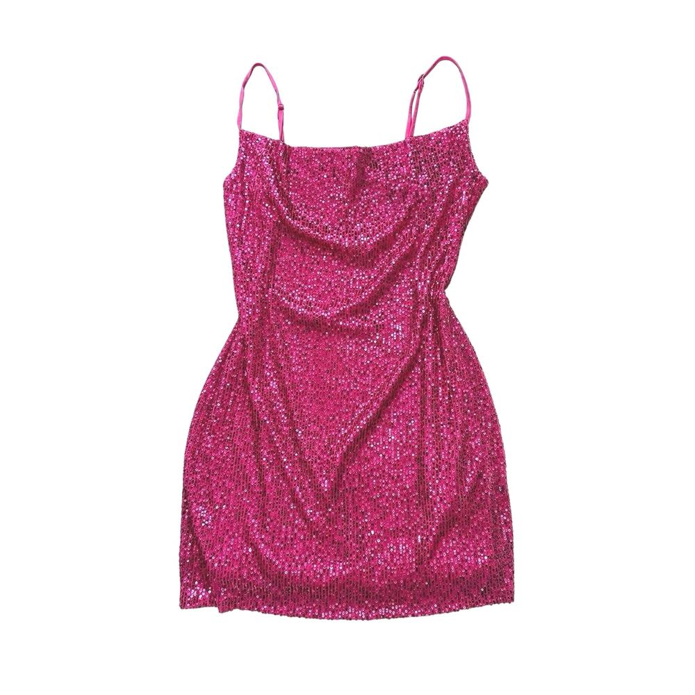 Steve Madden Revolve Pink Sequin Mini Dress Cowl Neck Strappy Party Club M - Picture 2 of 9